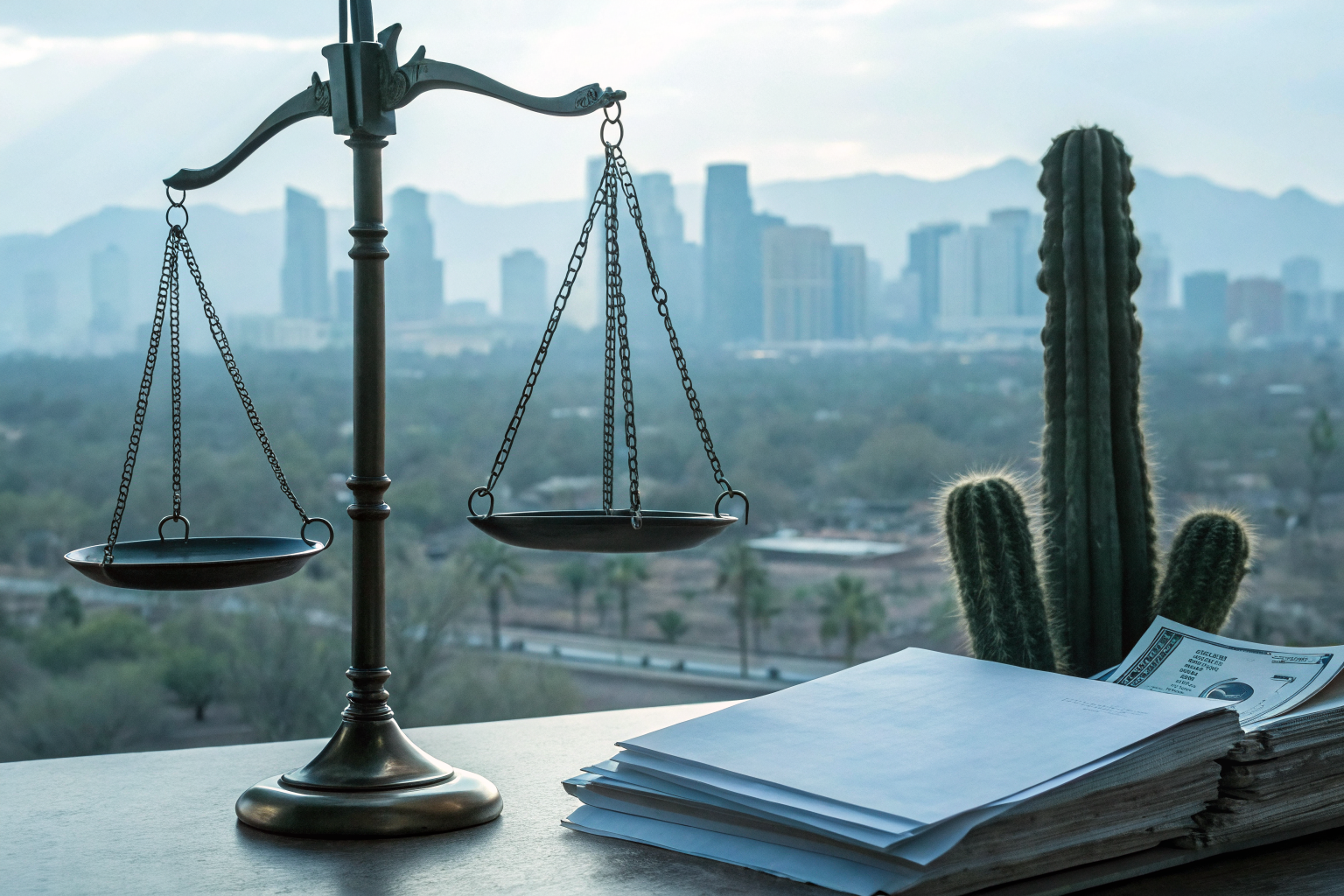 Balance scale with legal documents and money in Arizona's desert setting.