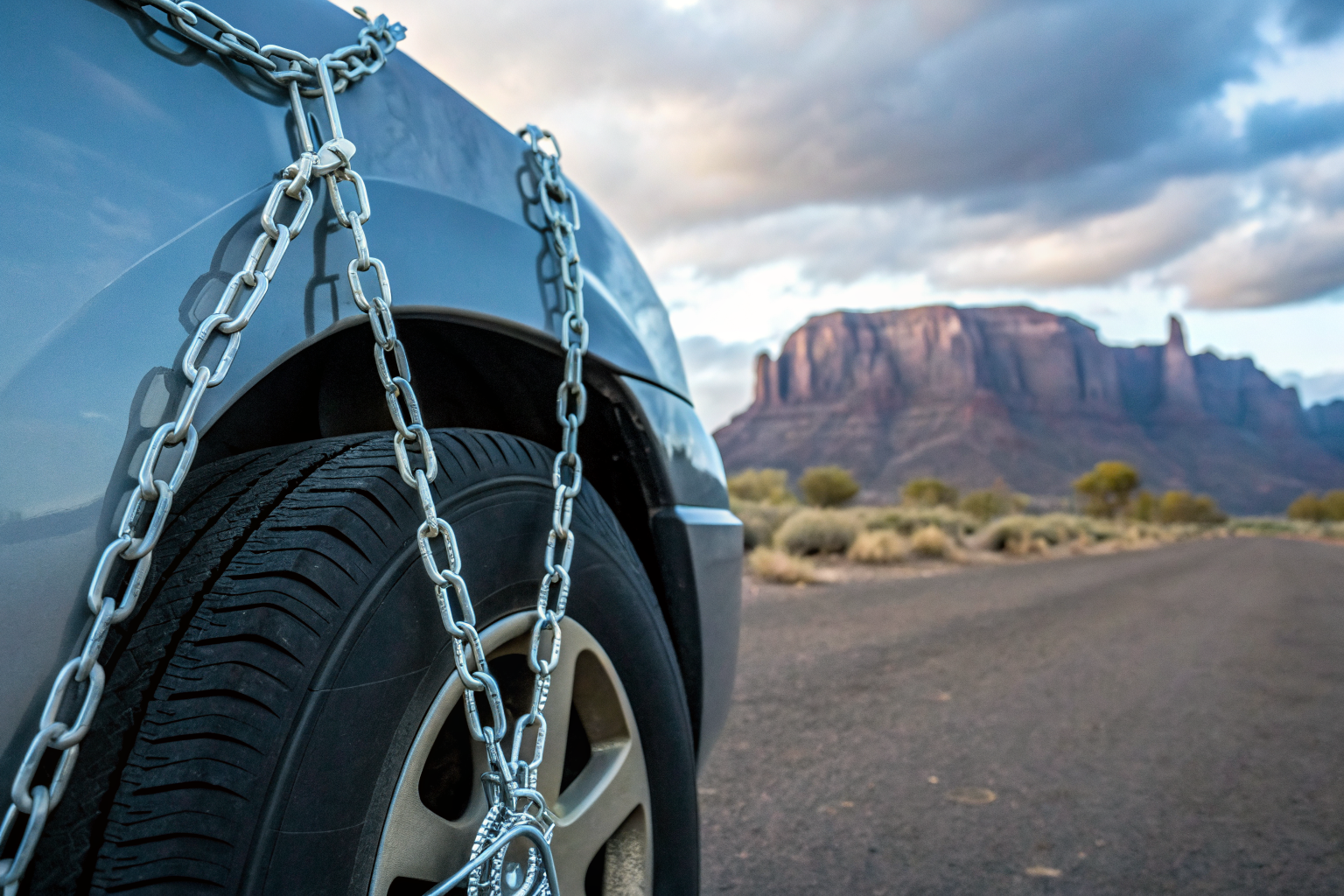 Legal chains binding a vehicle symbolizing Arizona's insurance requirements.