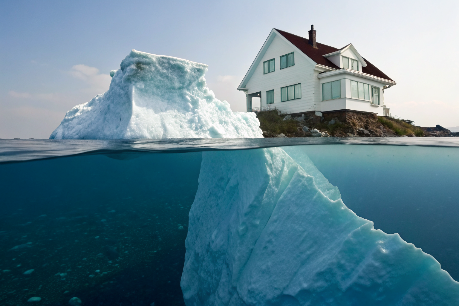 Iceberg with labeled deductible and hidden costs, illustrating insurance impact.