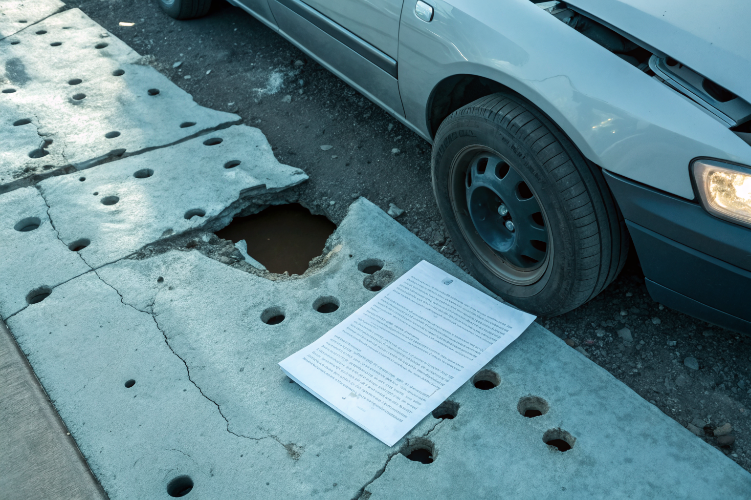 Illustration of a legal document with holes revealing a damaged car beneath.