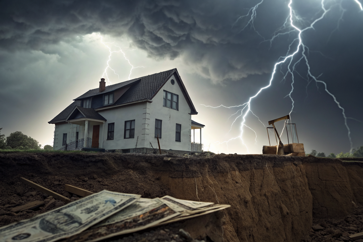 Storm scene with exposed house foundation, symbolizing asset risk from insurance gaps.