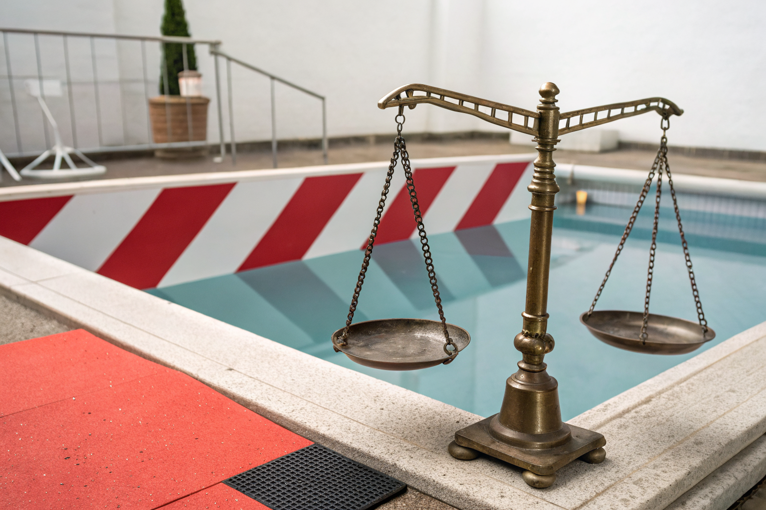 Illustration of a pool as a legal trap with liability claims elements.