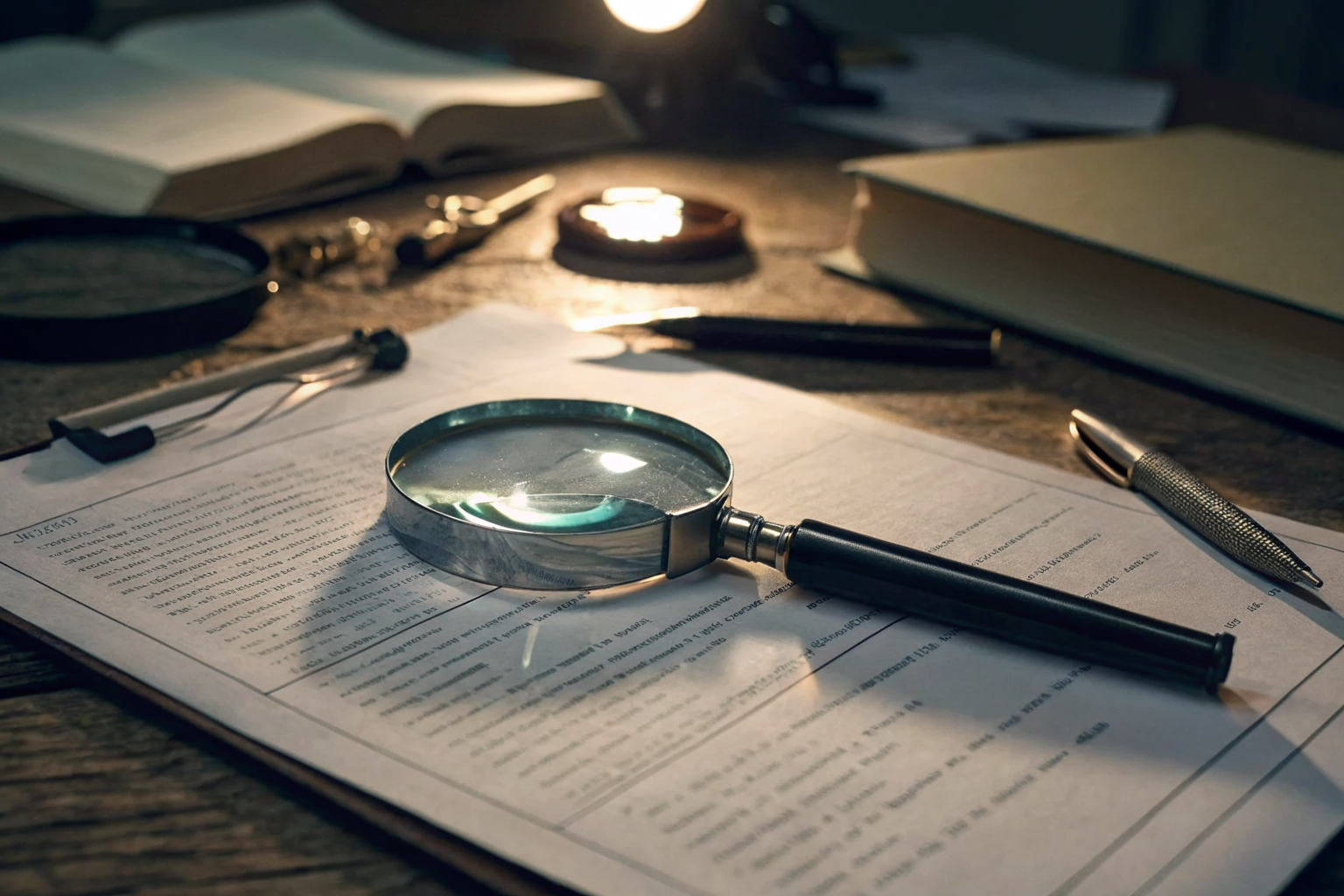 Detective scene with magnifying glass over insurance policy and CLUE report.