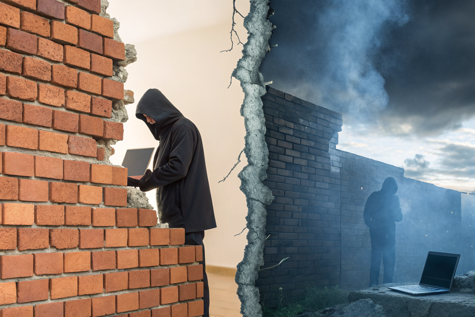 Split-screen of insurance walls vs digital threats through firewall.