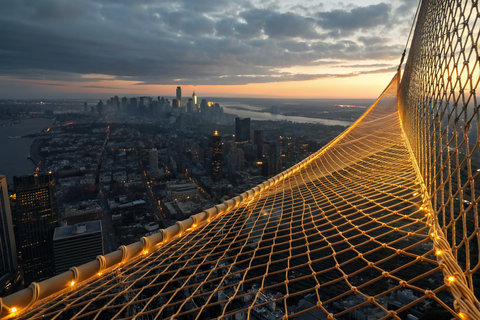Safety net labeled deductible buydown over city, showing insurance investment.