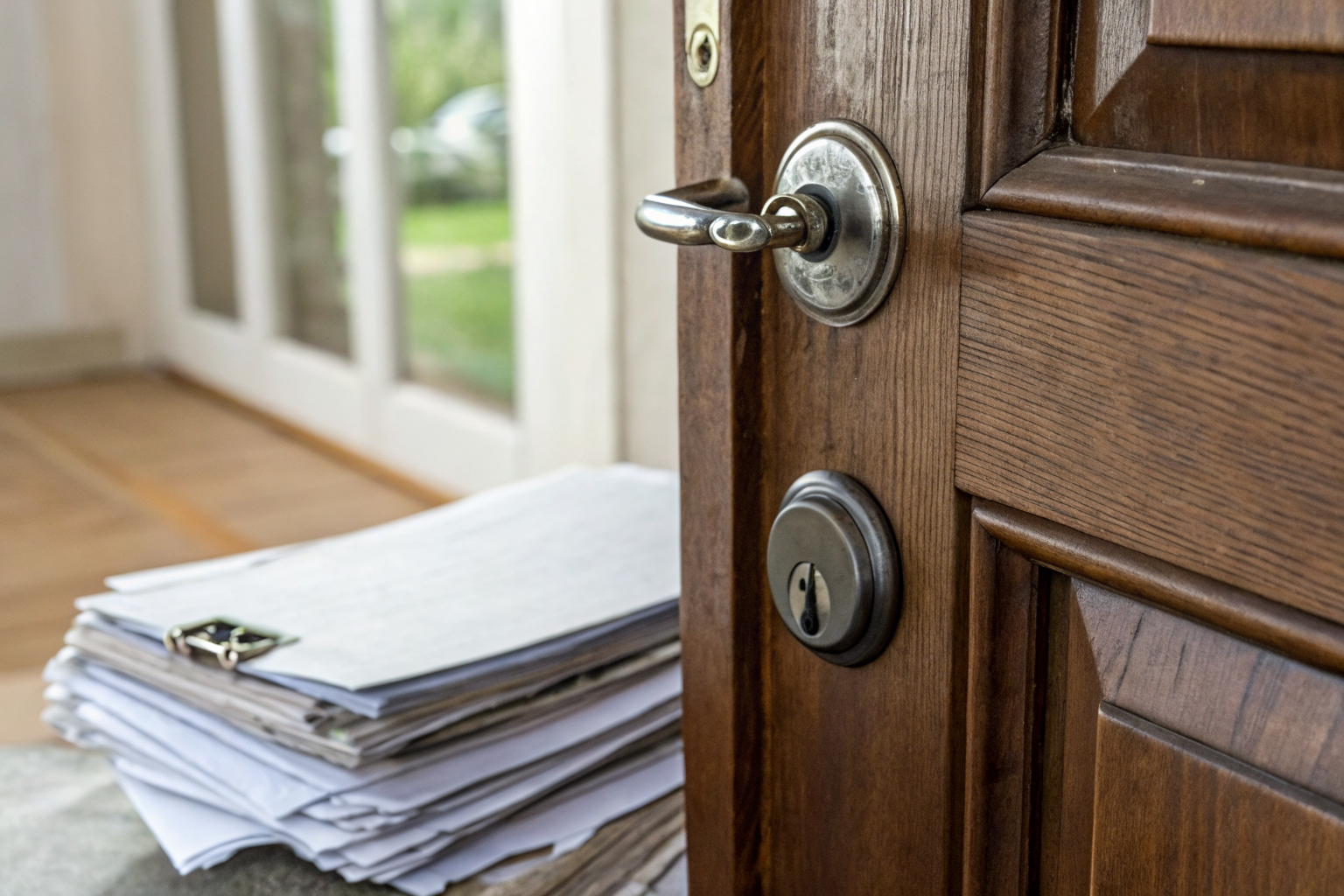 Locked door without key, abandoned documents, risk of claim denial.