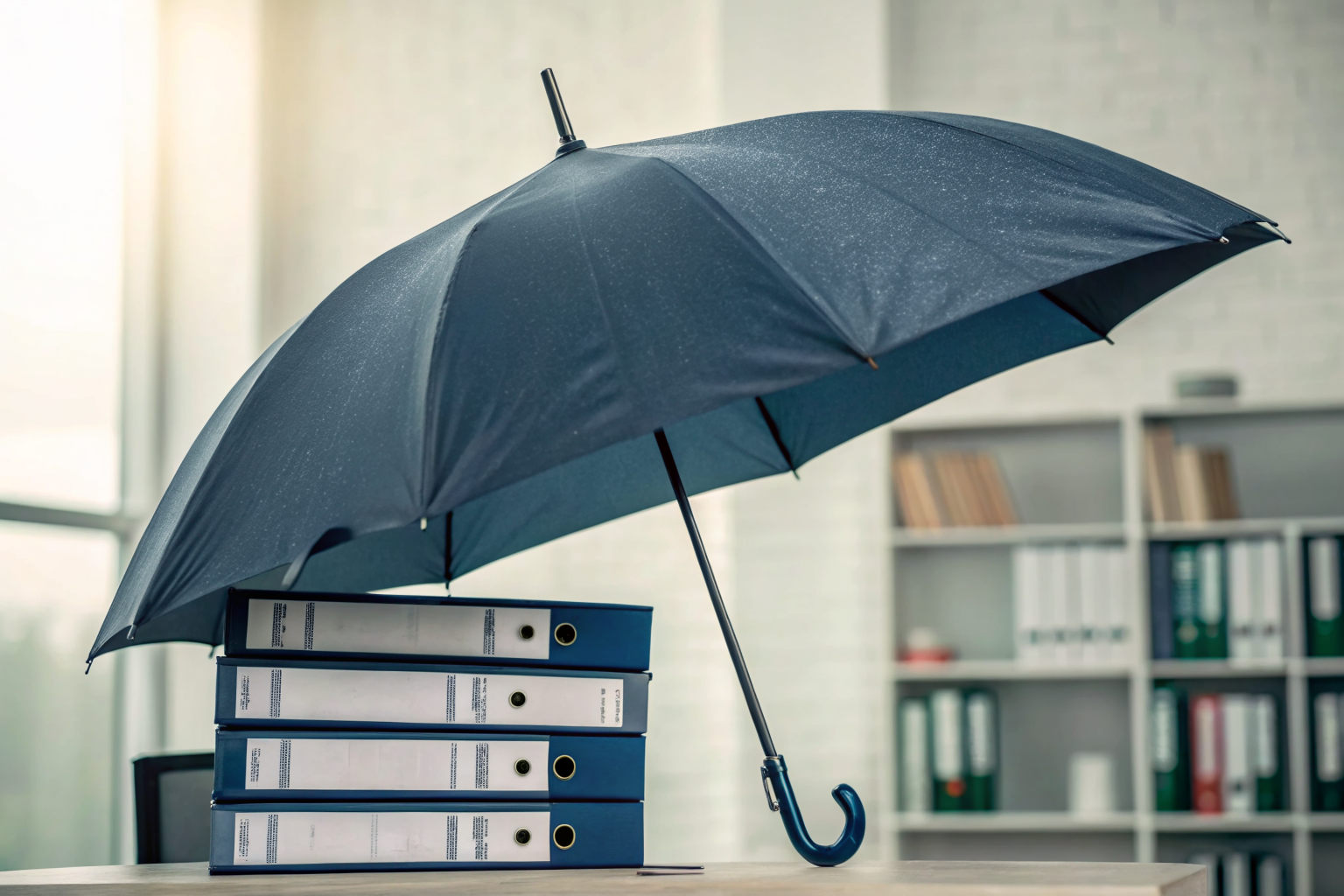 Massive umbrella over policy documents, symbolizing comprehensive insurance coverage.