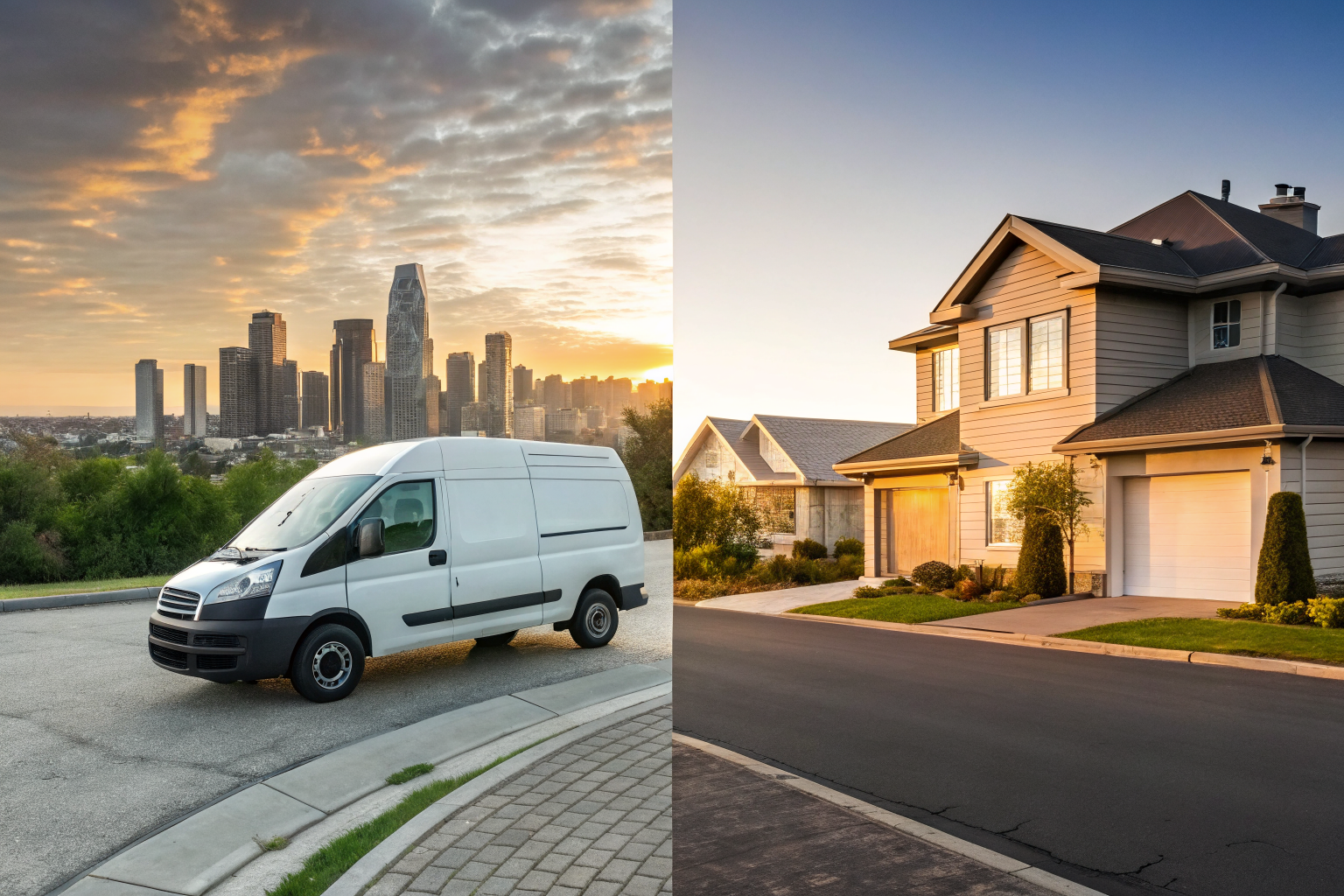 Split-screen of commercial vs personal vehicle use at a crossroads.