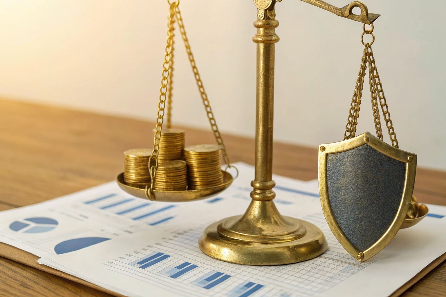Scales balancing coins and a shield, symbolizing cost vs. coverage in insurance premiums.