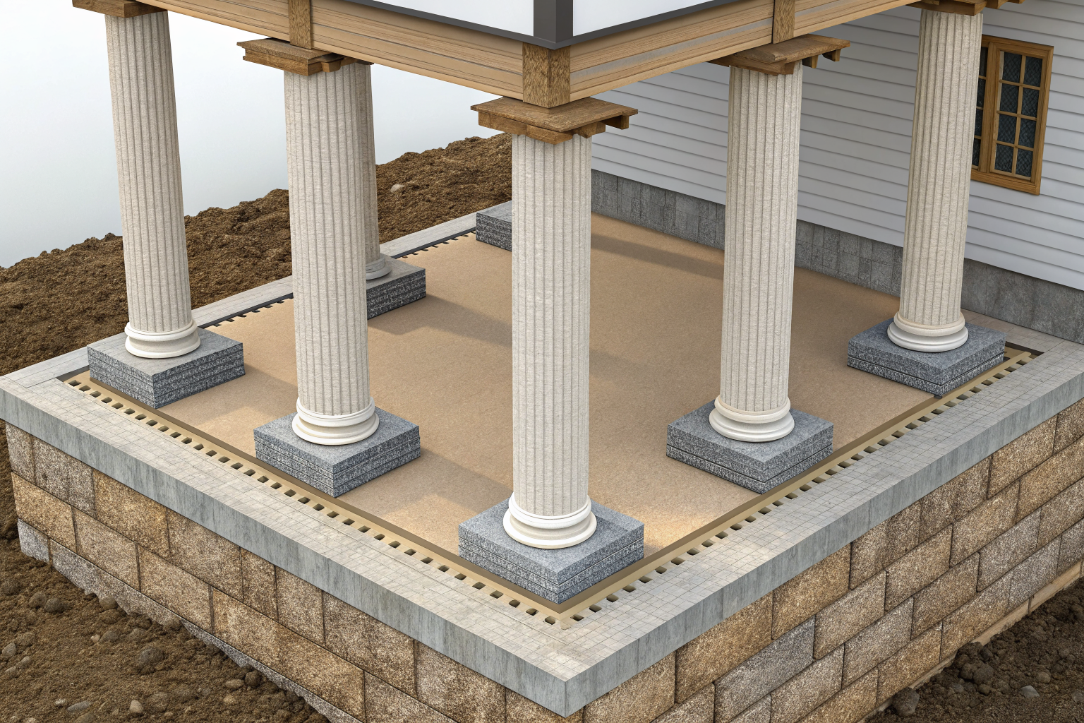 Illustration of a house foundation supported by four distinct insurance columns.