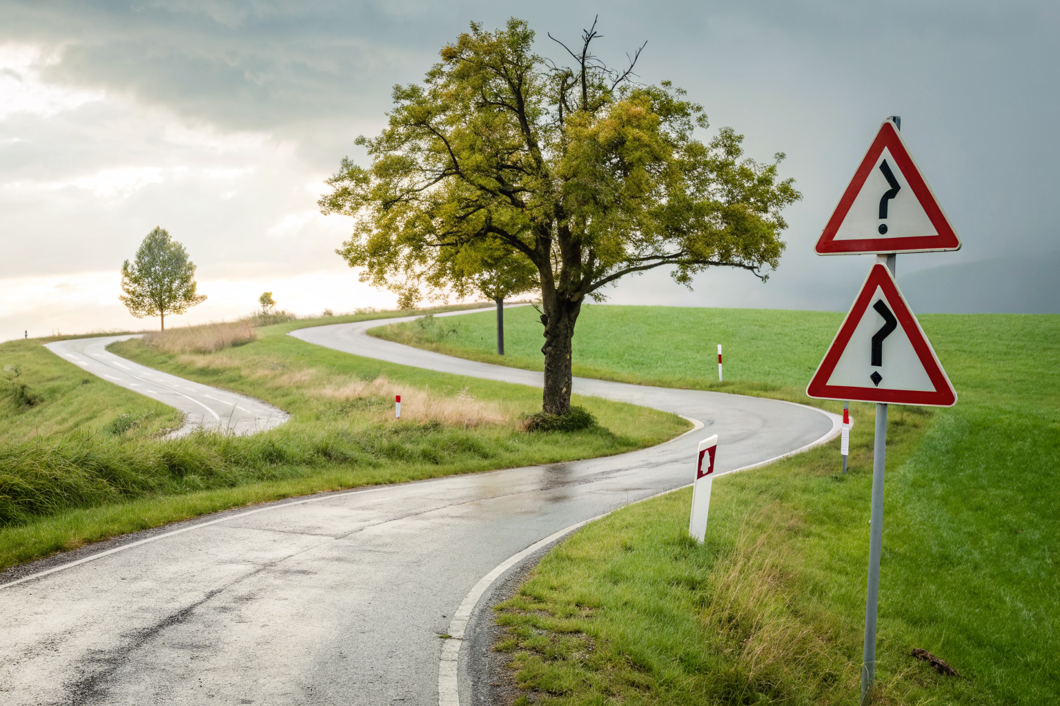Fork in the road with risk signs and decision tree, illustrating insurance risk management choices.