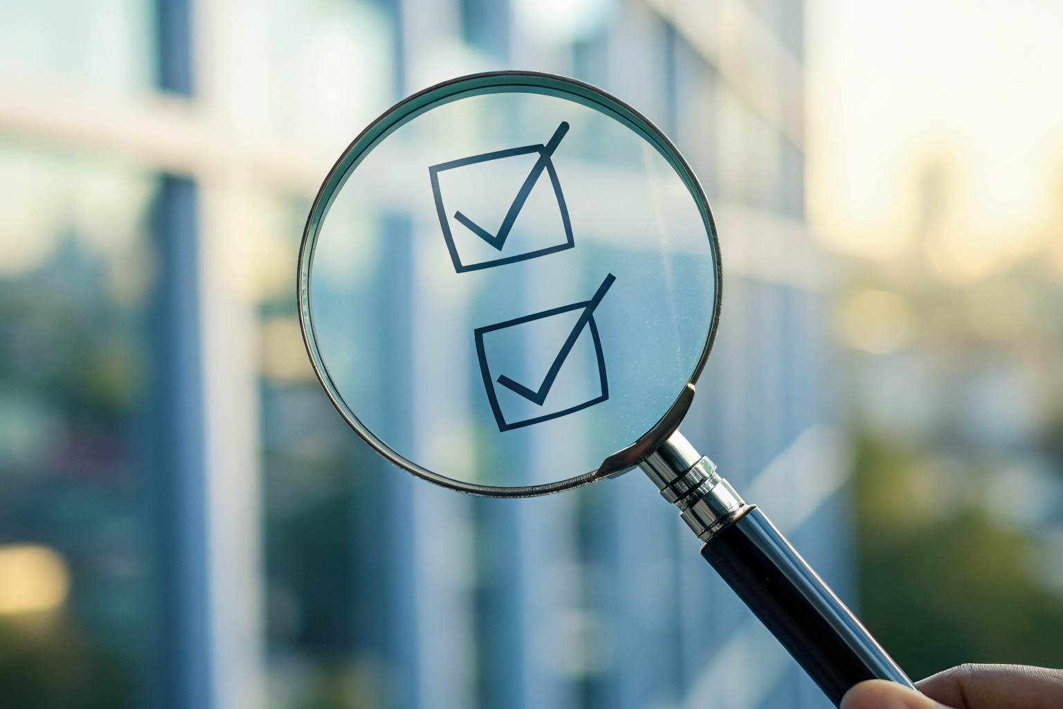 Magnifying glass on clear checklist against a blurred background for policy review.