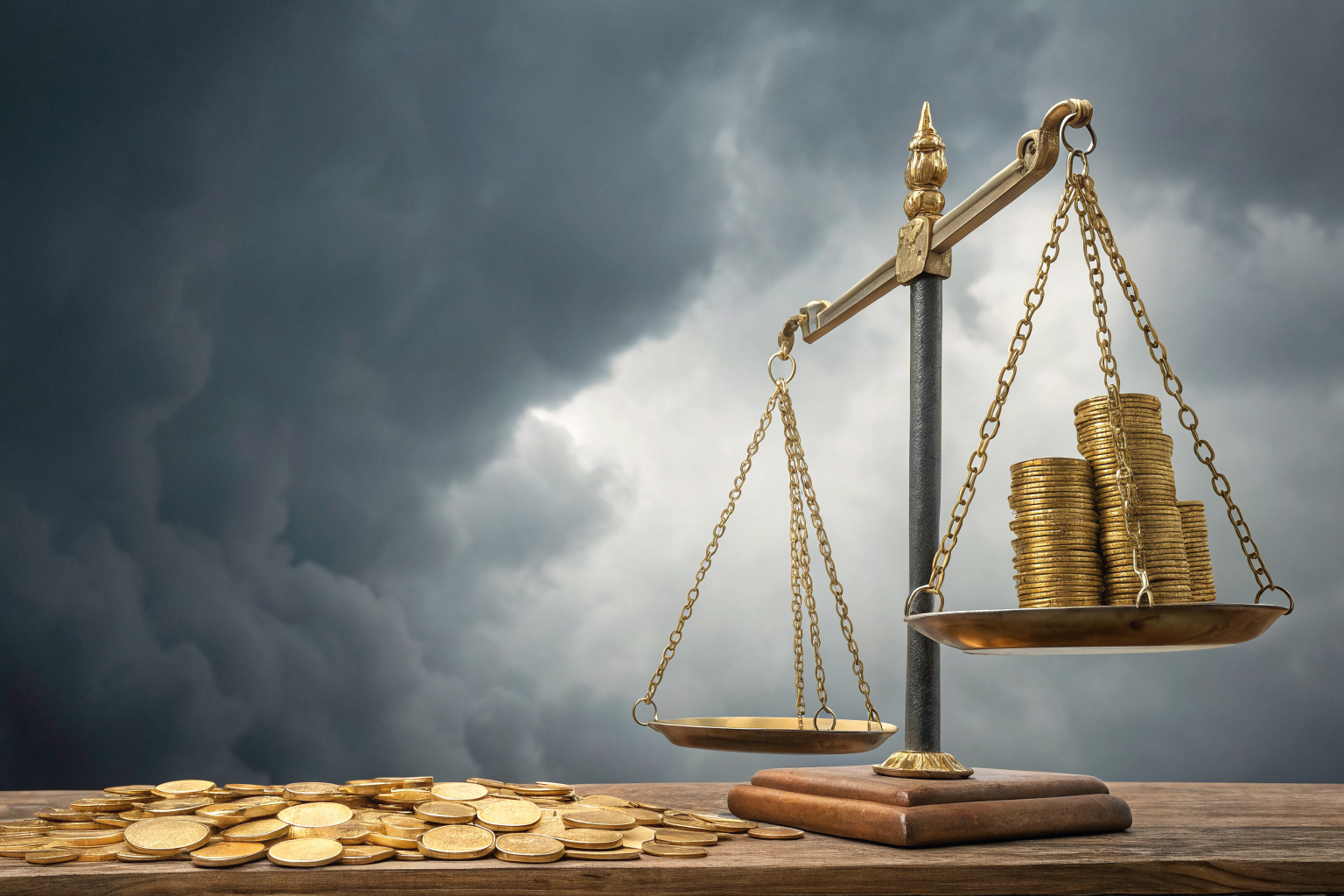 Scales of balance tipping with gold coins on one side, flat platform on other.
