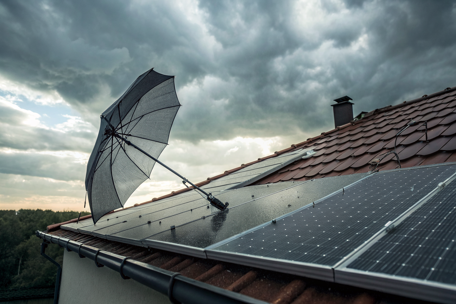 Illustration of a stormy rooftop with broken umbrella, symbolizing risk of claim denial for non-disclosure.