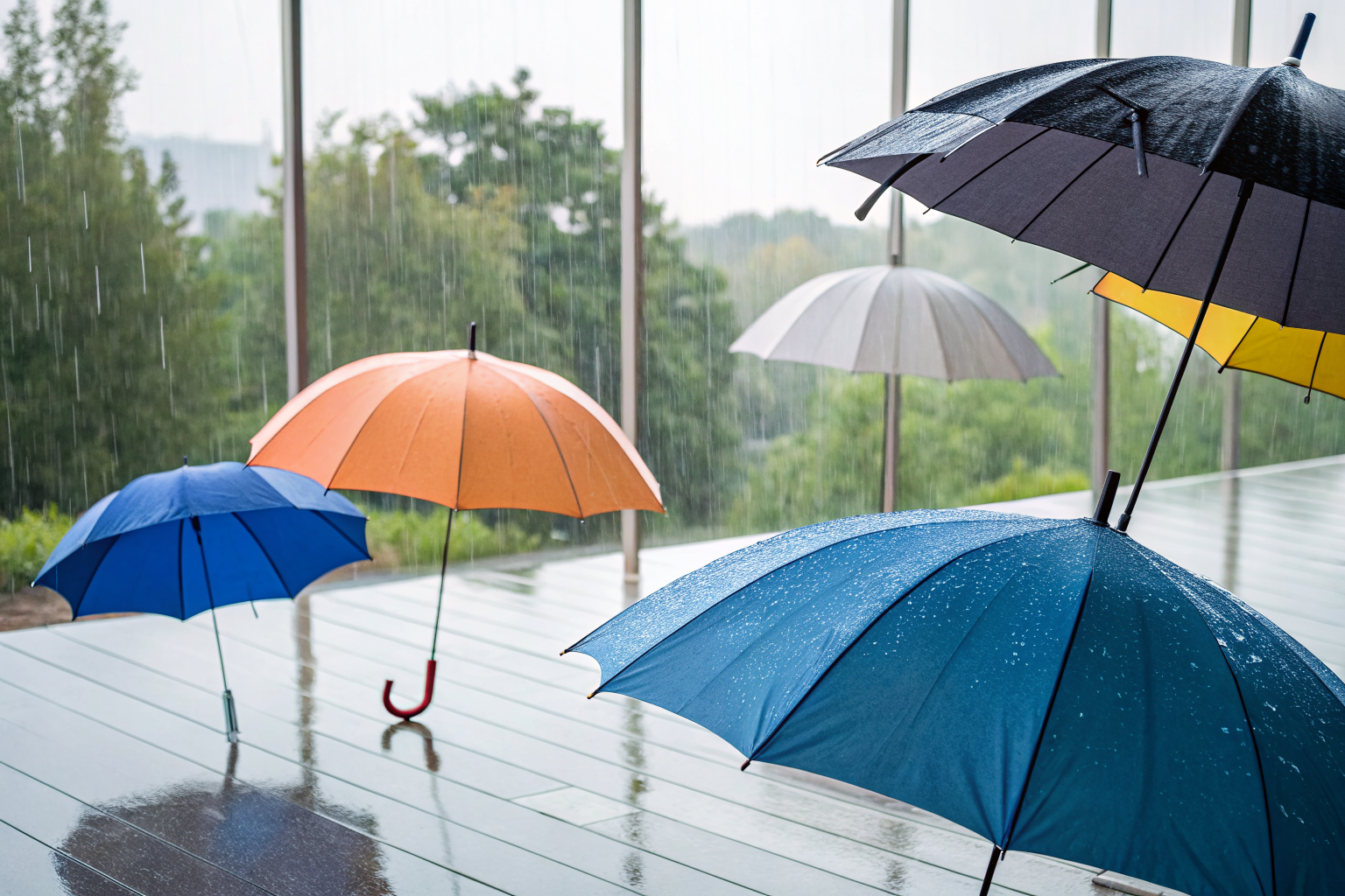 Custom-sized umbrellas under varying rain, representing tailored insurance coverage.