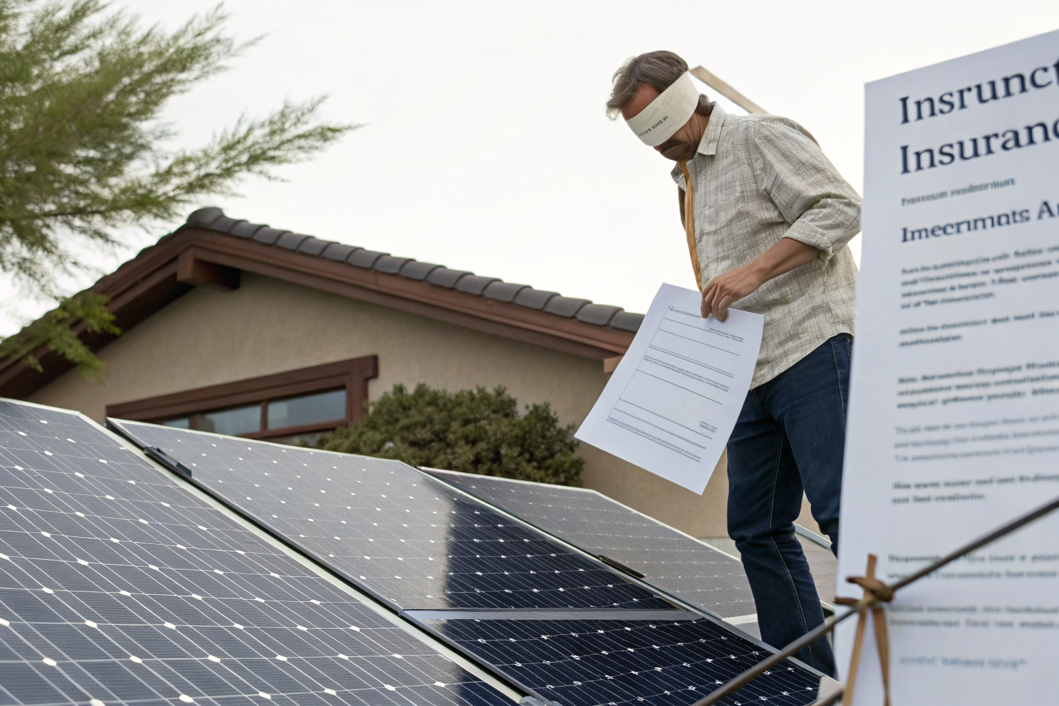 Blindfolded homeowner amidst solar panels and legal documents