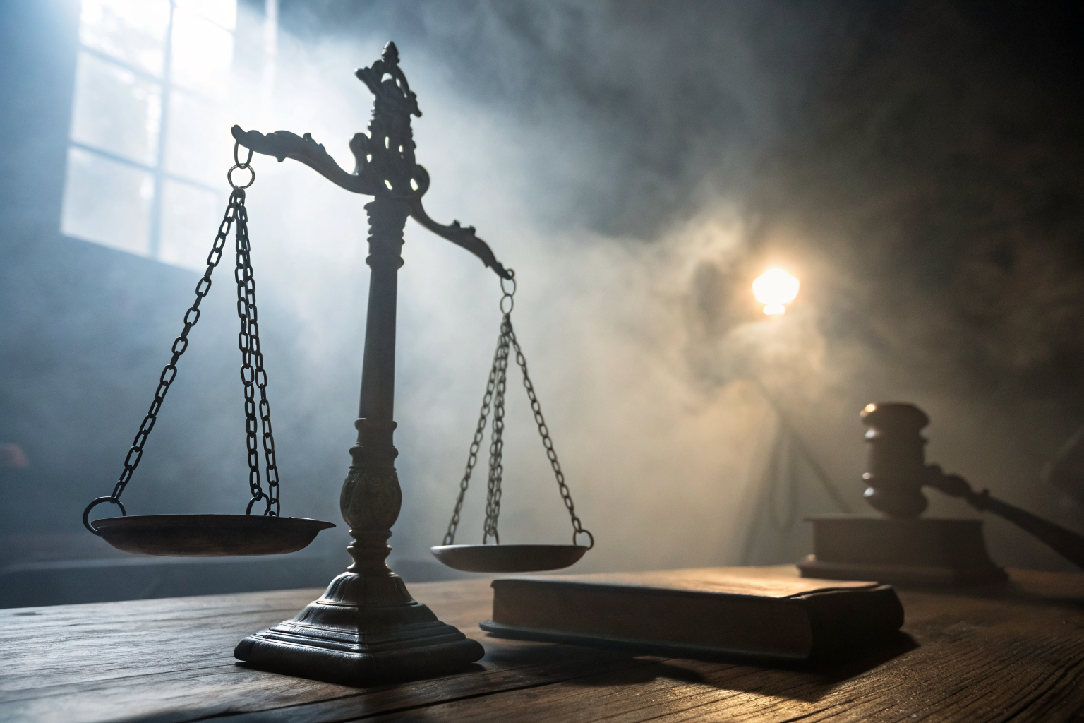 Dramatic scales of justice tilted towards strict liability, with legal documents and dog silhouette.