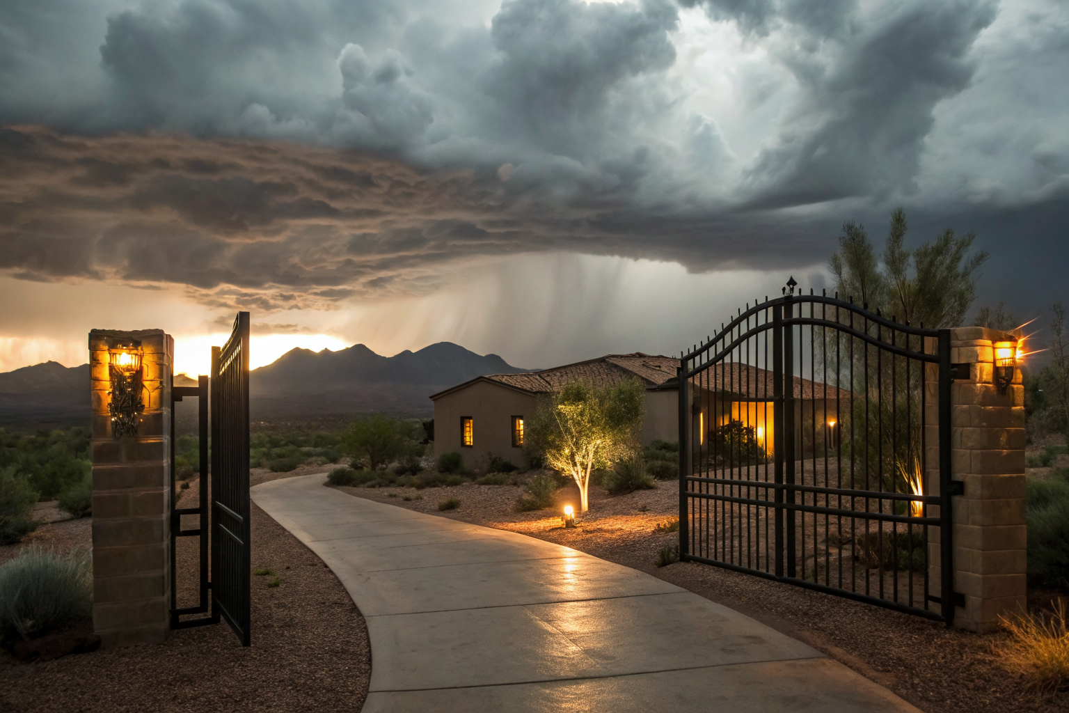 Cinematic depiction of a locked gate blocking a path to a home, symbolizing denied homeowners insurance in Arizona.