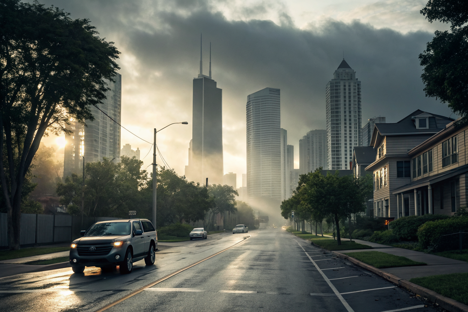 Vehicle at a crossroads between business and personal use in a dramatic cinematic scene.