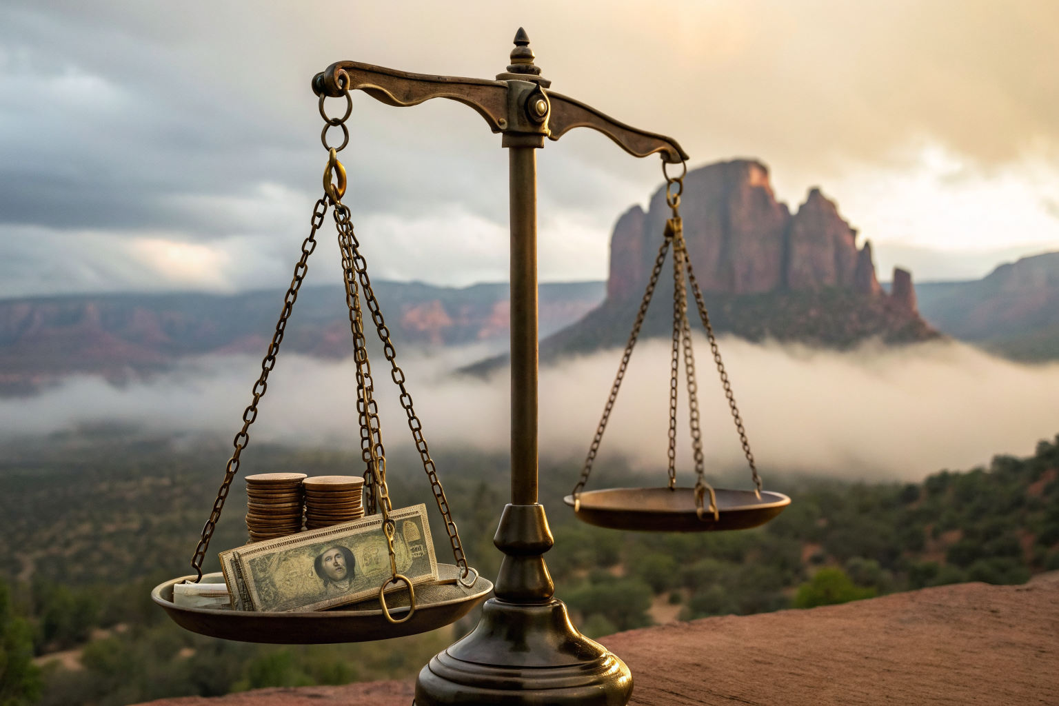 Cinematic scales balancing money and repair bills over an Arizona landscape with dramatic lighting.