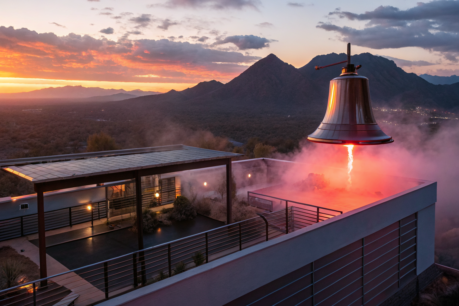 Cinematic rooftop scene with alarm bell over solar panel, symbolizing disclosure tension in insurance.