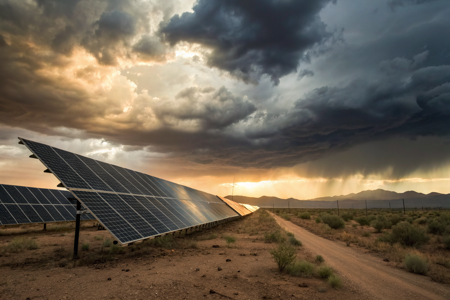 Solar panels as legal contracts under dramatic Arizona sky
