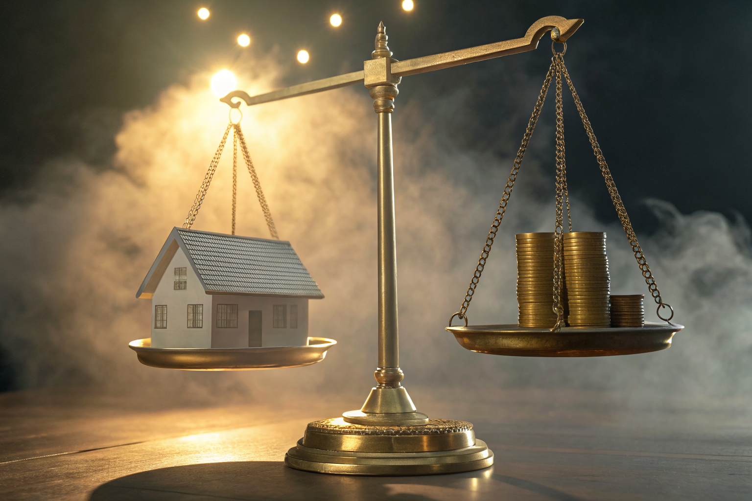 A gold roof as a balance scale weighing insurance policies against savings.