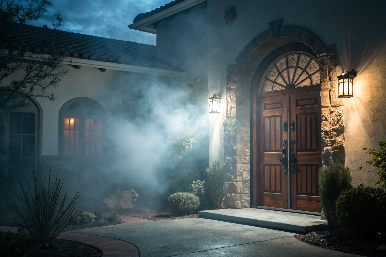 Locked door on Arizona house with 'No Entry' sign, dramatic lighting.