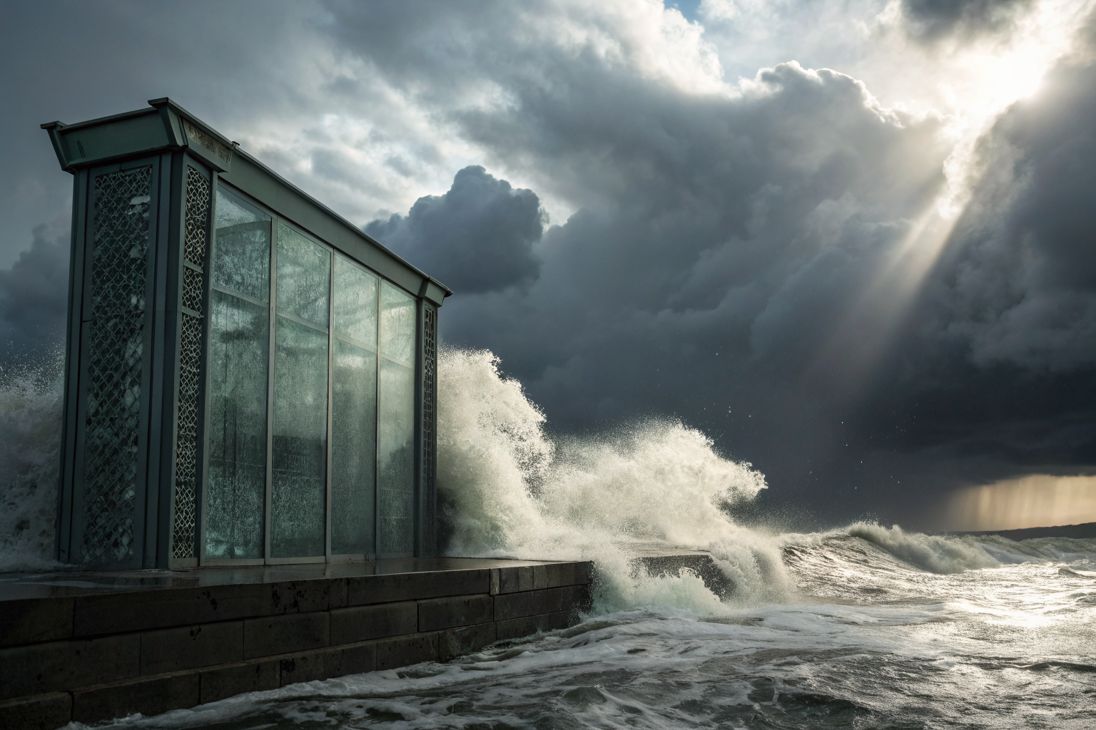 Epic visualization of insurance policy as a glass barrier against floodwaters, with stormy skies.
