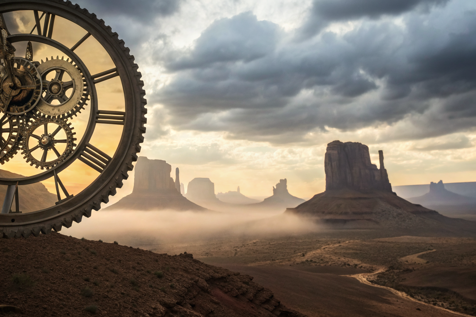 Cinematic clock illustrating insurance deductible reset over Arizona desert.