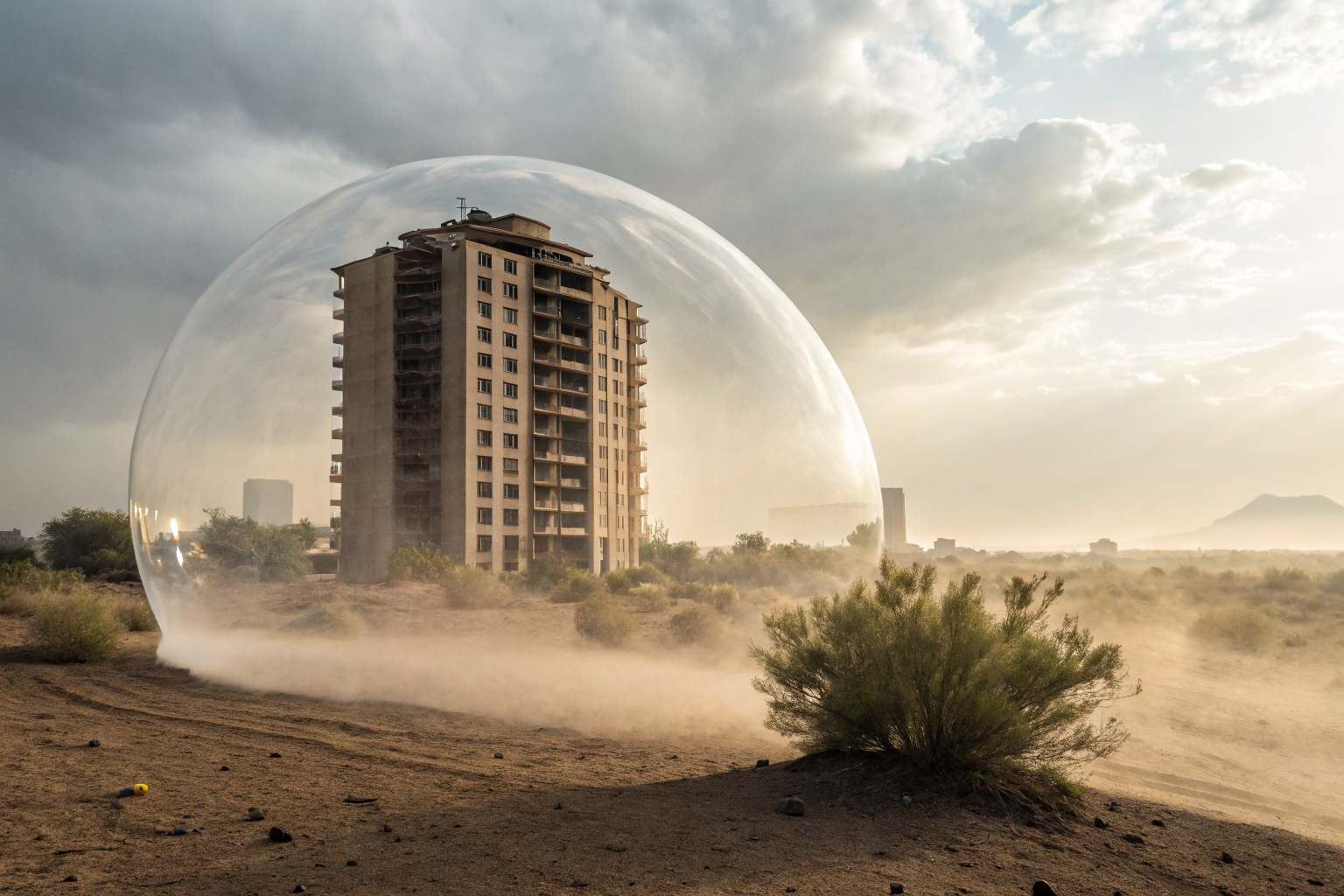A Phoenix condo encased in a glowing protective bubble, symbolizing HO-6 policy coverage.
