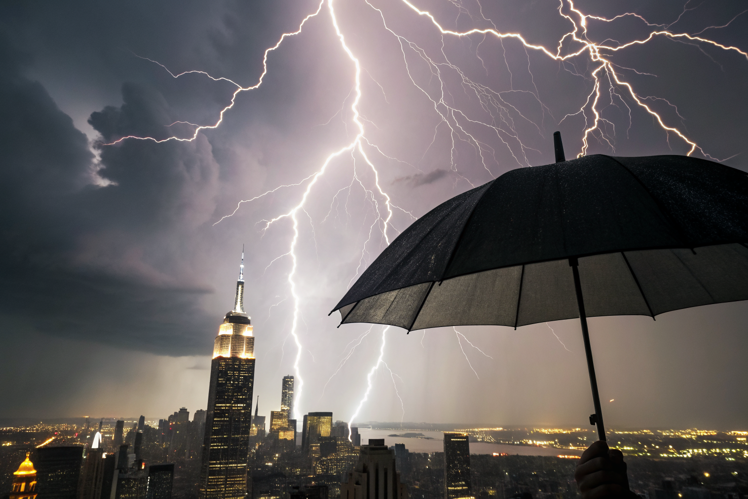 Heroic umbrella shielding a city from a financial storm, lightning strikes representing liabilities.
