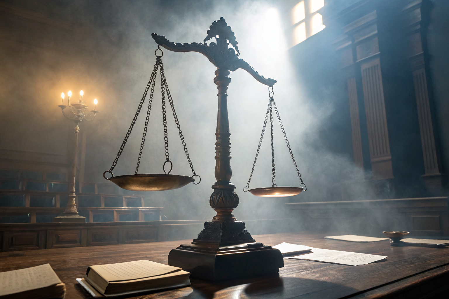 Epic illustration of a legal scale balancing insurance weights in a foggy, dramatic setting.