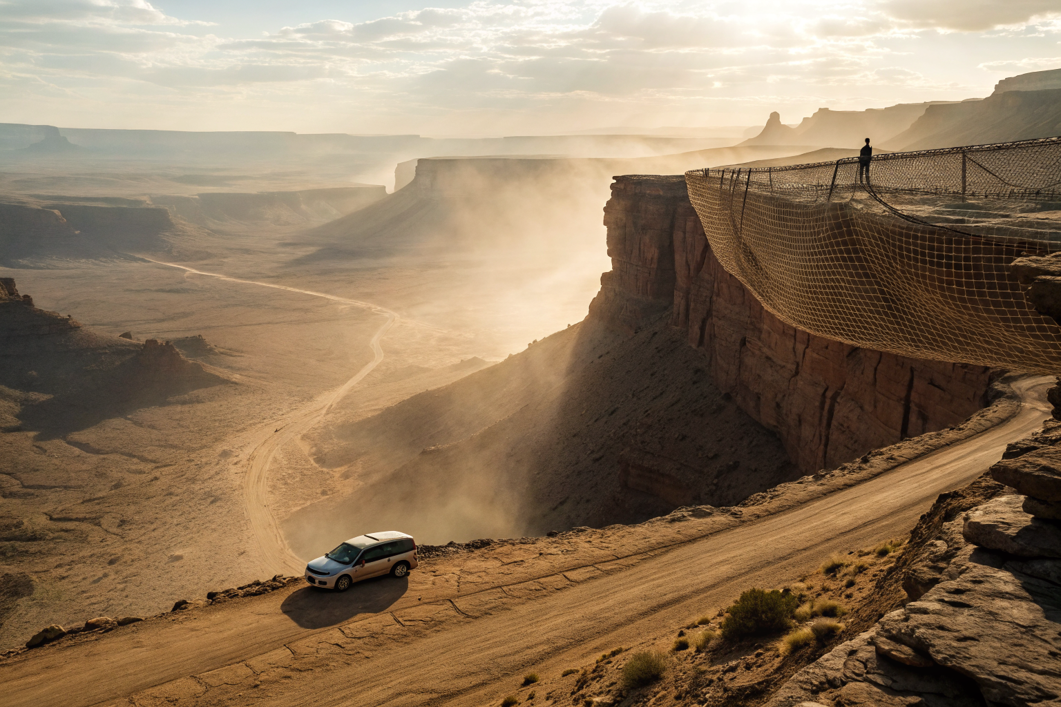 Cinematic scene of a car on a torn safety net over the desert, symbolizing insurance gaps.