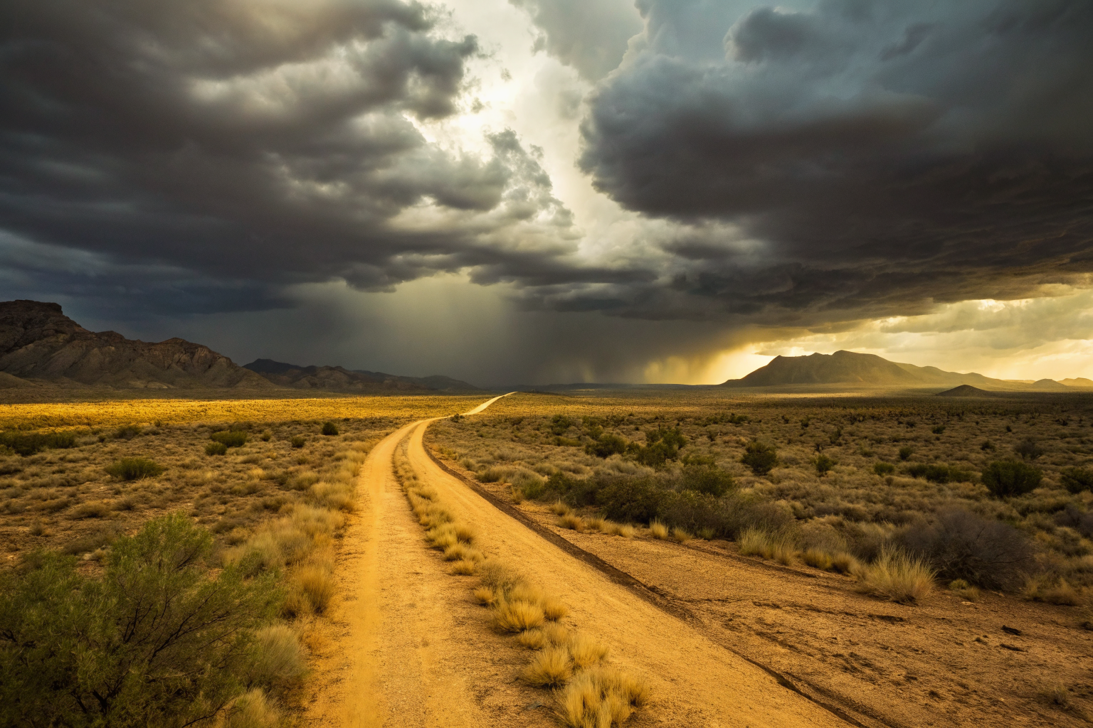 Cinematic depiction of diverging paths under stormy sky, symbolizing insurance policy choices.