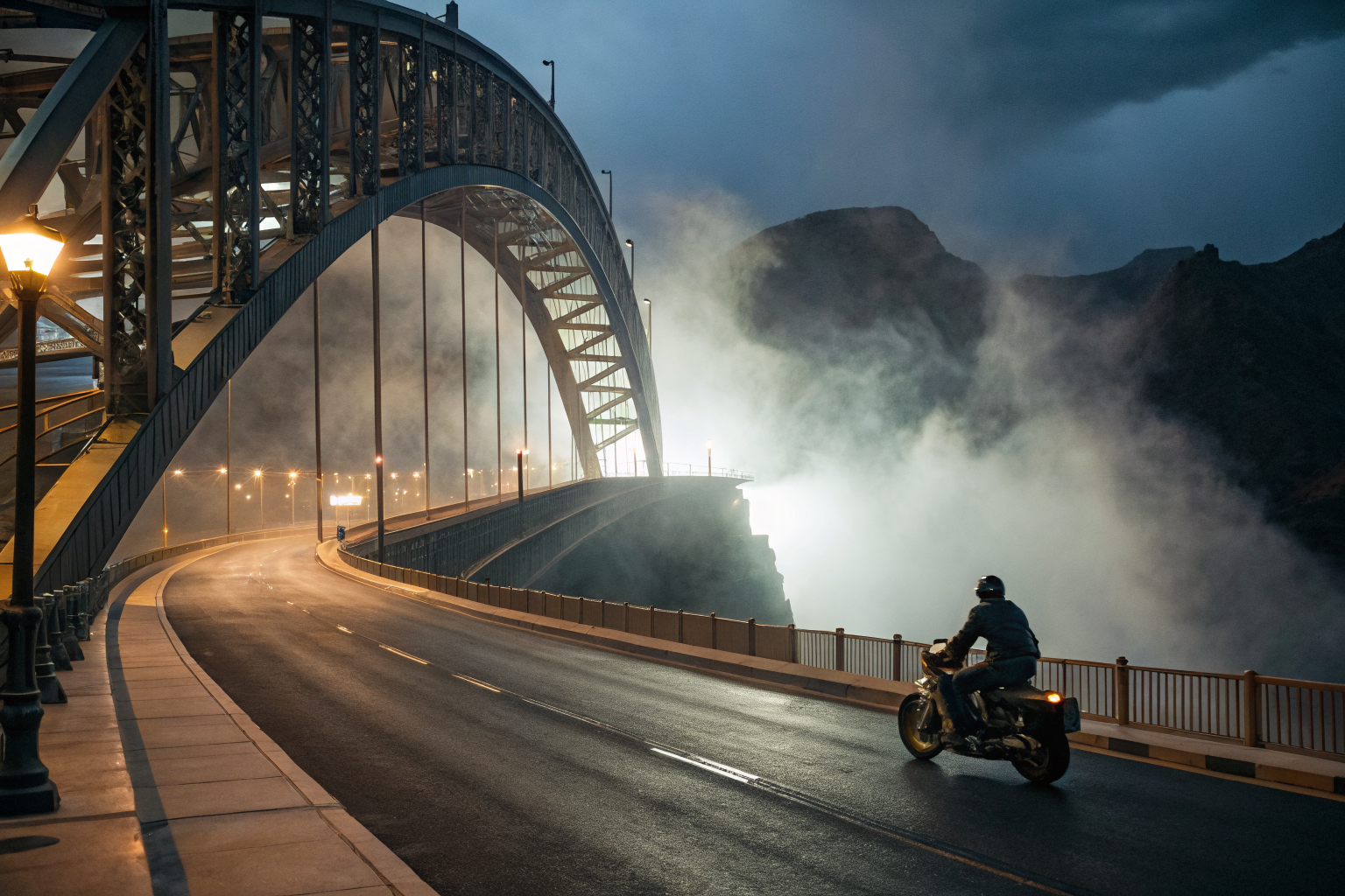 Dramatic bridge over a financial chasm with motorcycle, symbolizing legal compliance in Arizona.