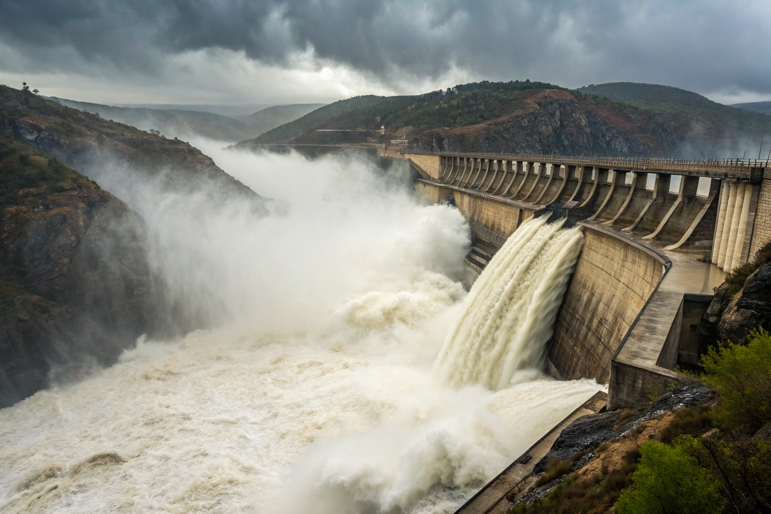 Dramatic scene of a dam holding back a flood, symbolizing insurance claims conflict in Arizona.