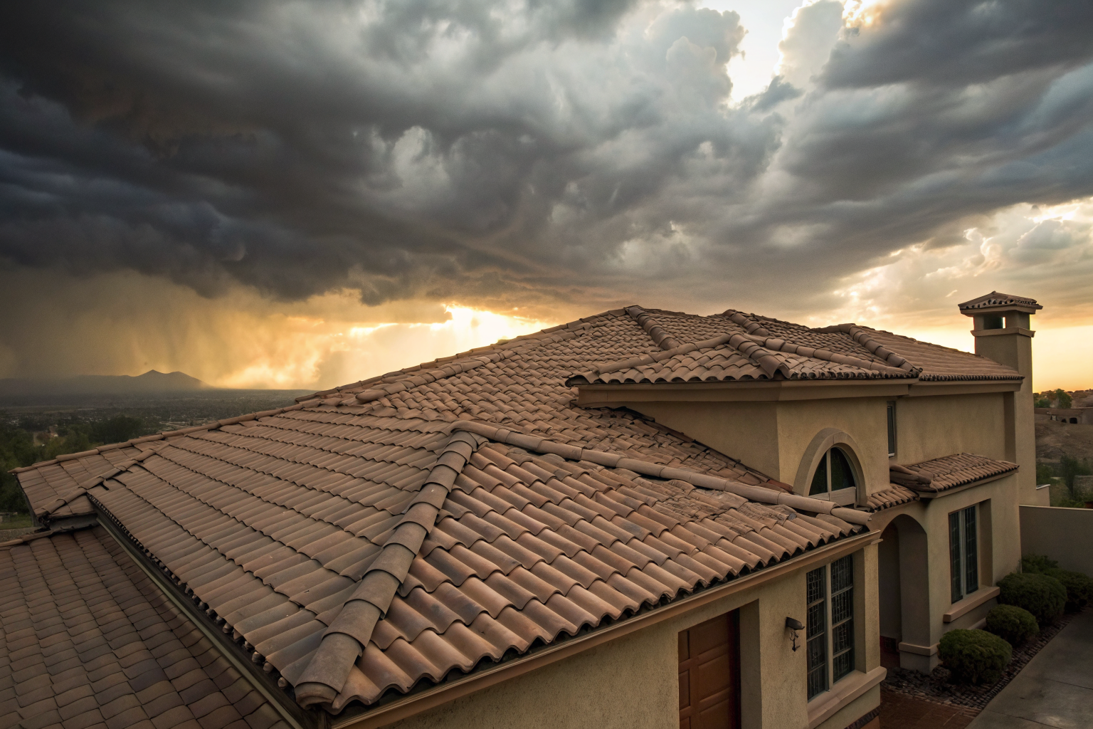 Tile roof cutaway revealing critical underlayment with dramatic lighting.