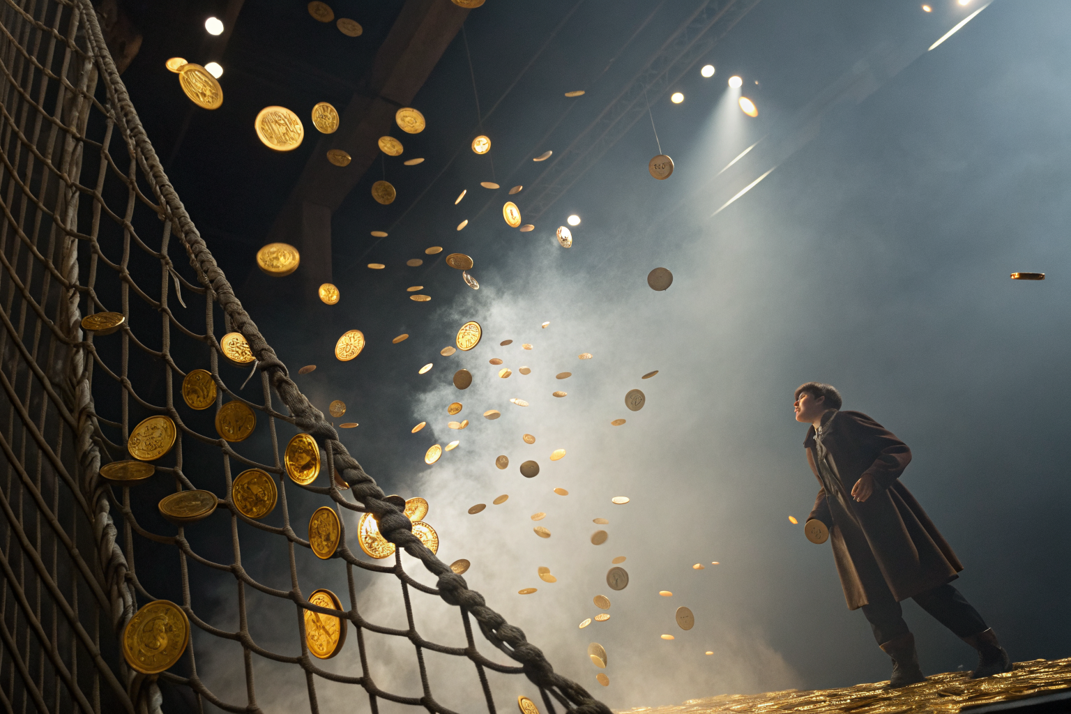 Dramatic safety net catching falling golden coins, symbolizing financial protection in insurance.