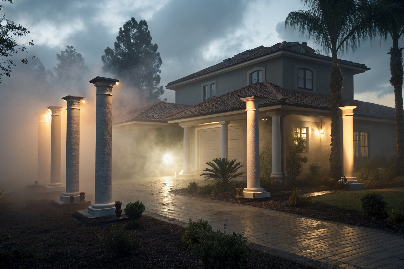 A dramatic visualization of a house supported by four glowing insurance pillars.