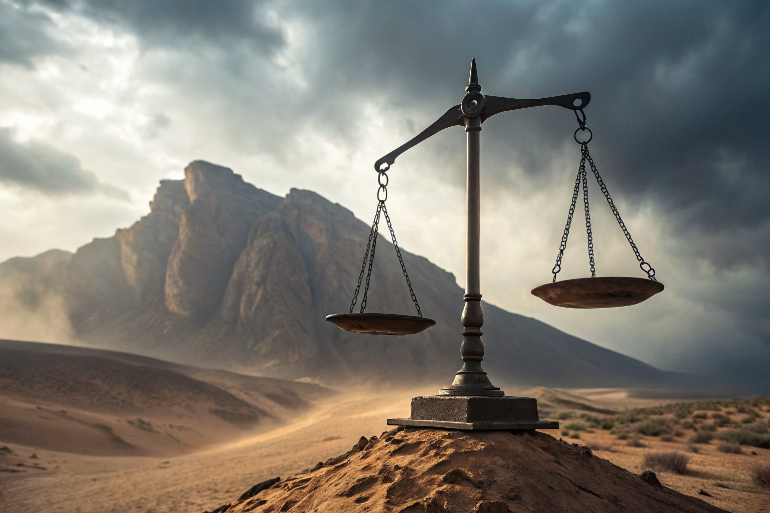 Epic cinematic scene of balance scale with mountain and hill in a desert, symbolizing percentage versus flat deductibles.