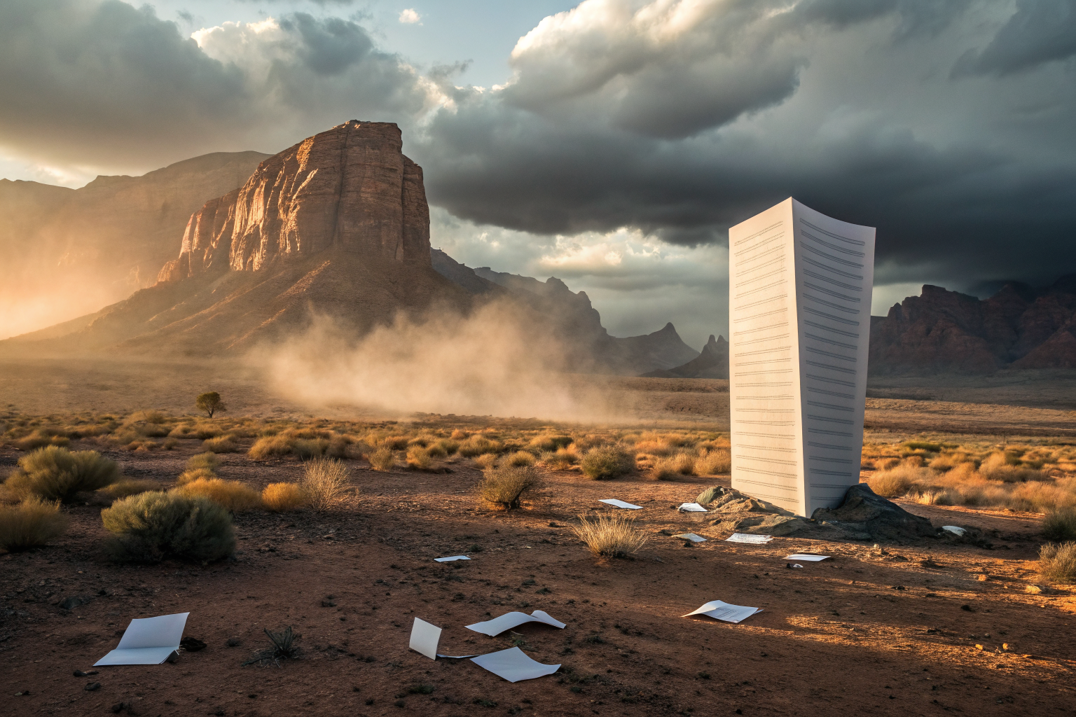 Insurance policy as a barrier in Arizona desert, dramatic scene.