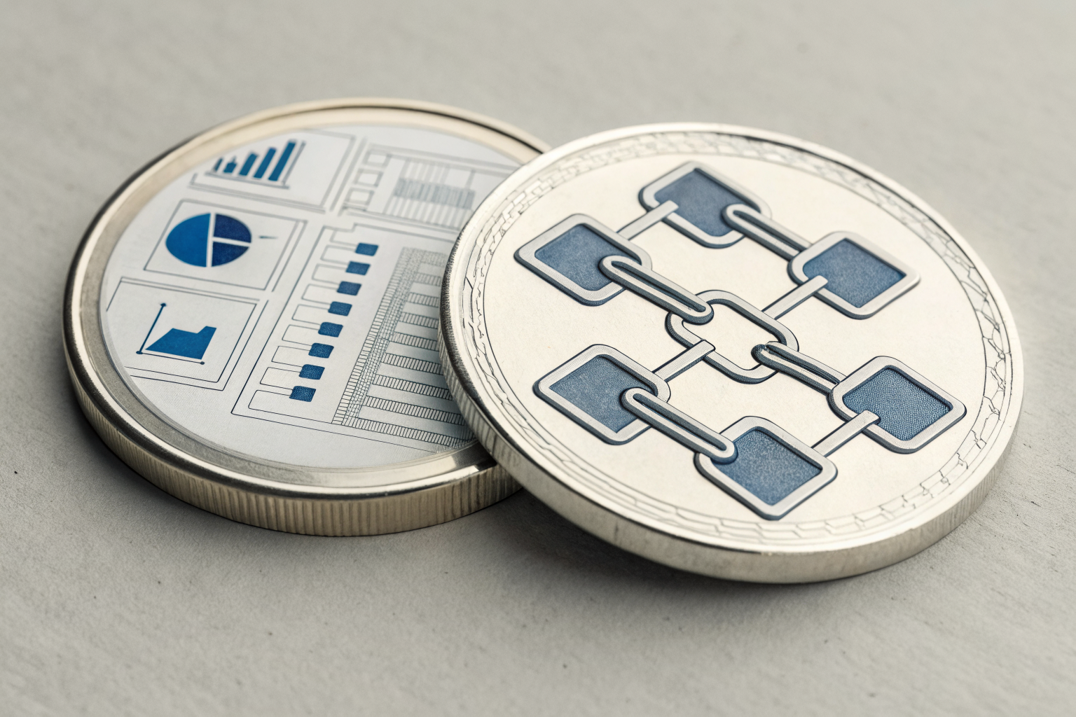 Isometric coin with financial documents vs digital chains for cyber policy.