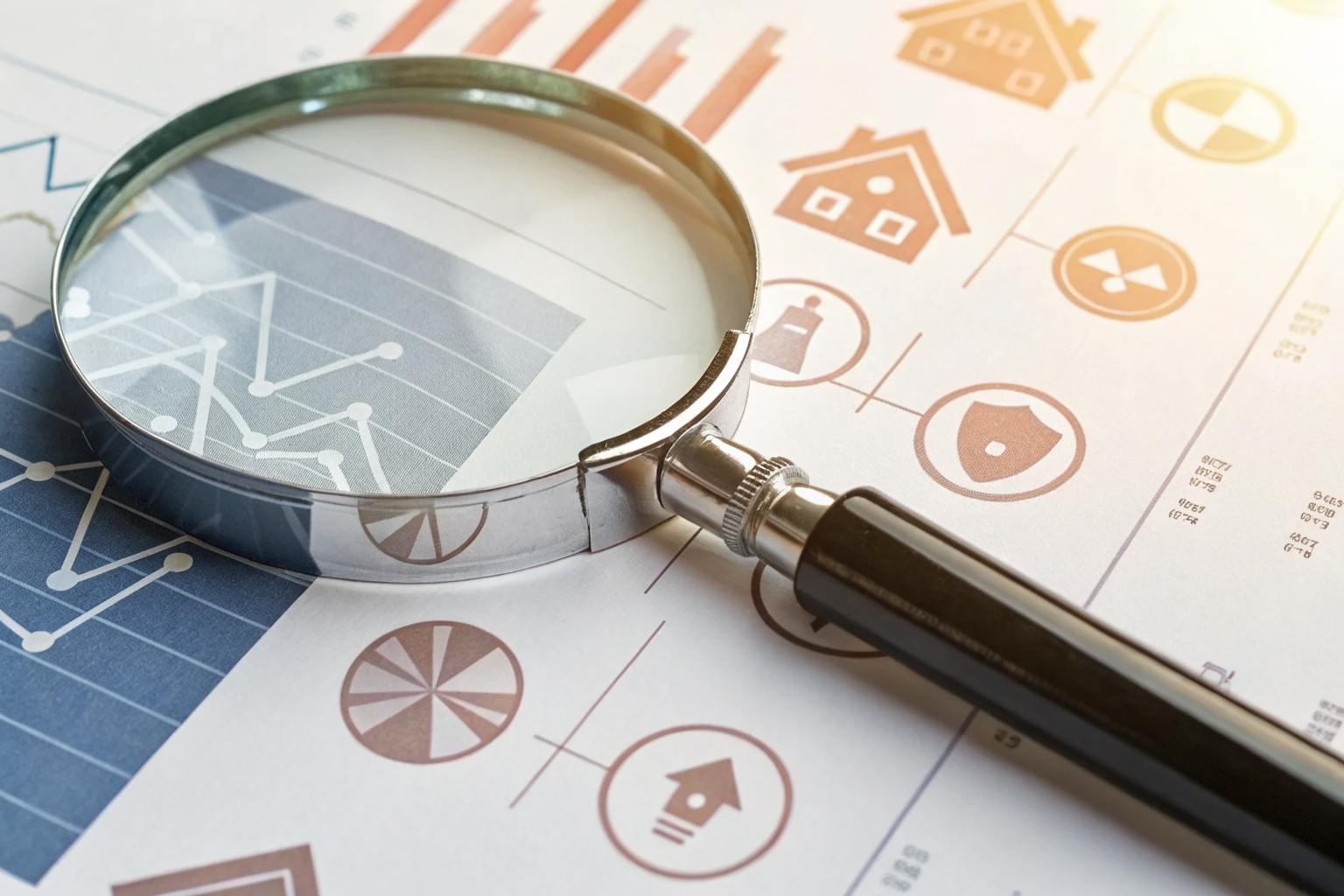 A magnifying glass zooms in on an insurance report, symbolizing correction of CLUE report errors.