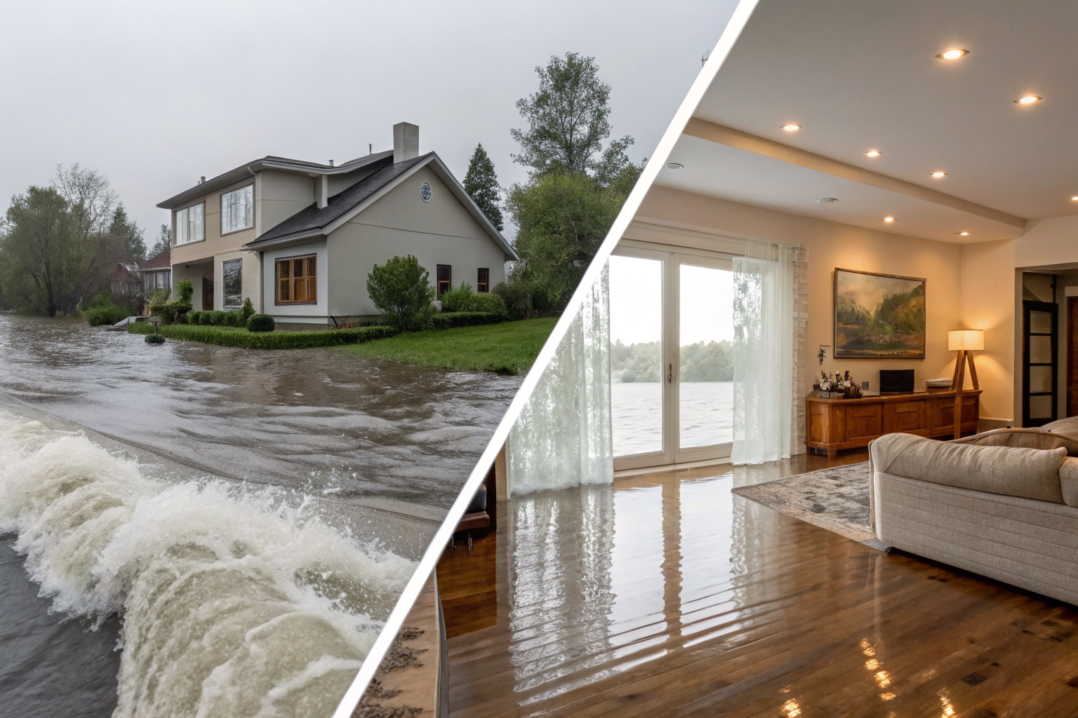 Split-screen of floodwaters against a home and calm interior, divided by legal text barrier.