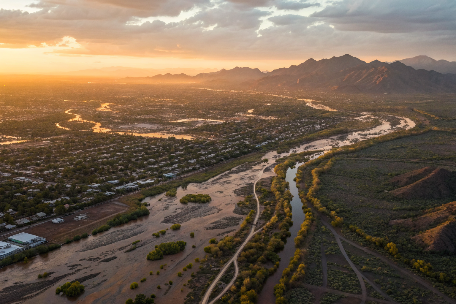 Isometric view of Maricopa County with shifting flood maps and topographic details.