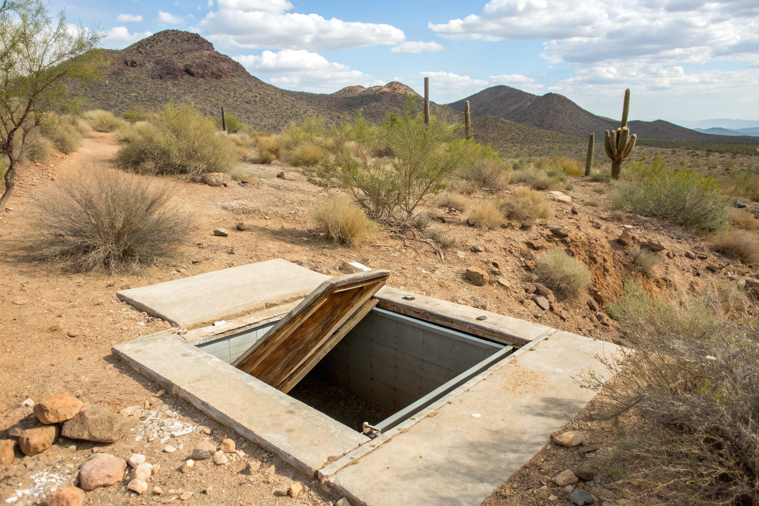 Open trapdoor in desert representing liability risks with symbols of injury claims and AirCover gaps.