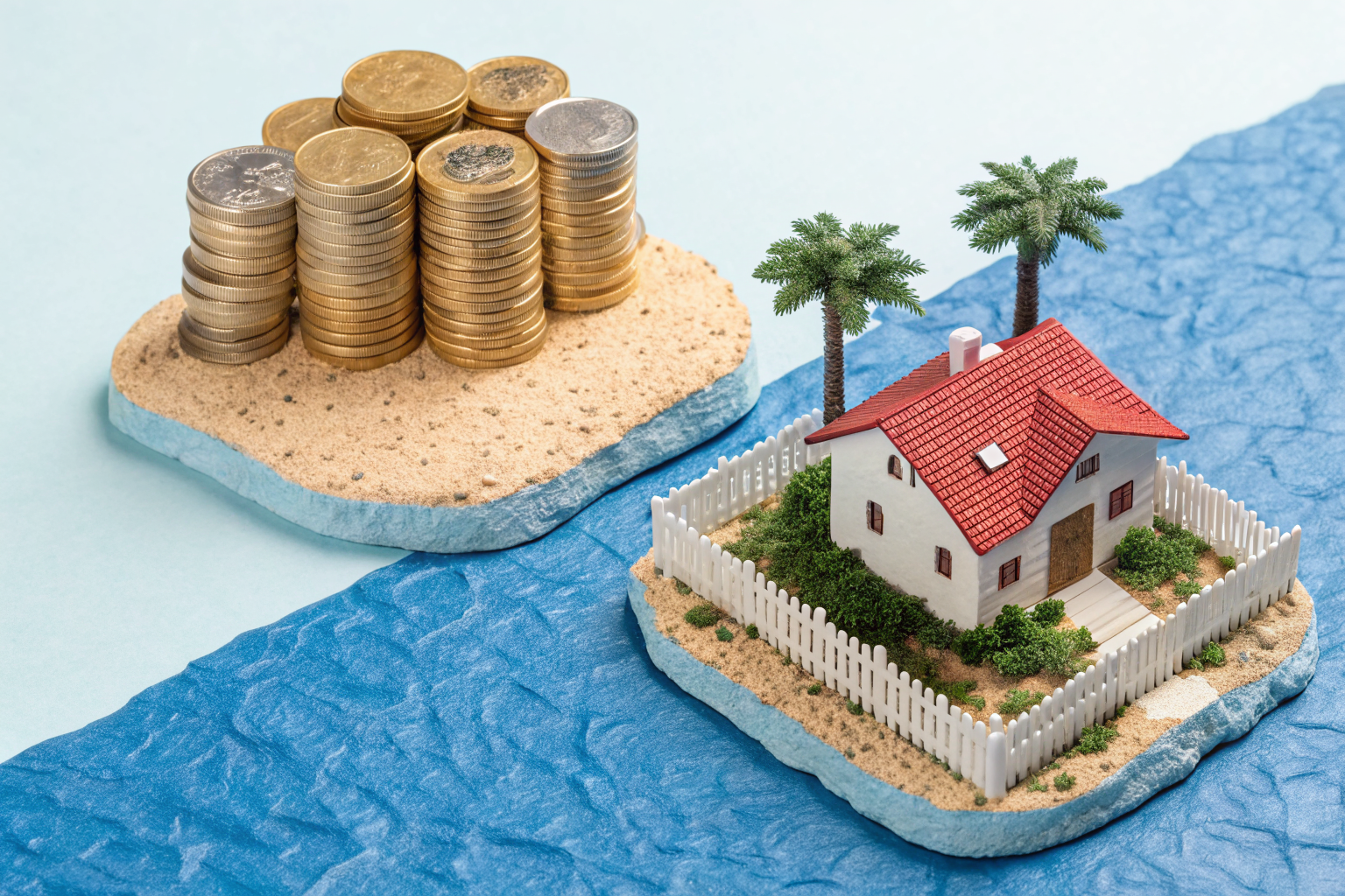 Isometric view showing coins stack for health insurance vs fenced islands for home insurance.