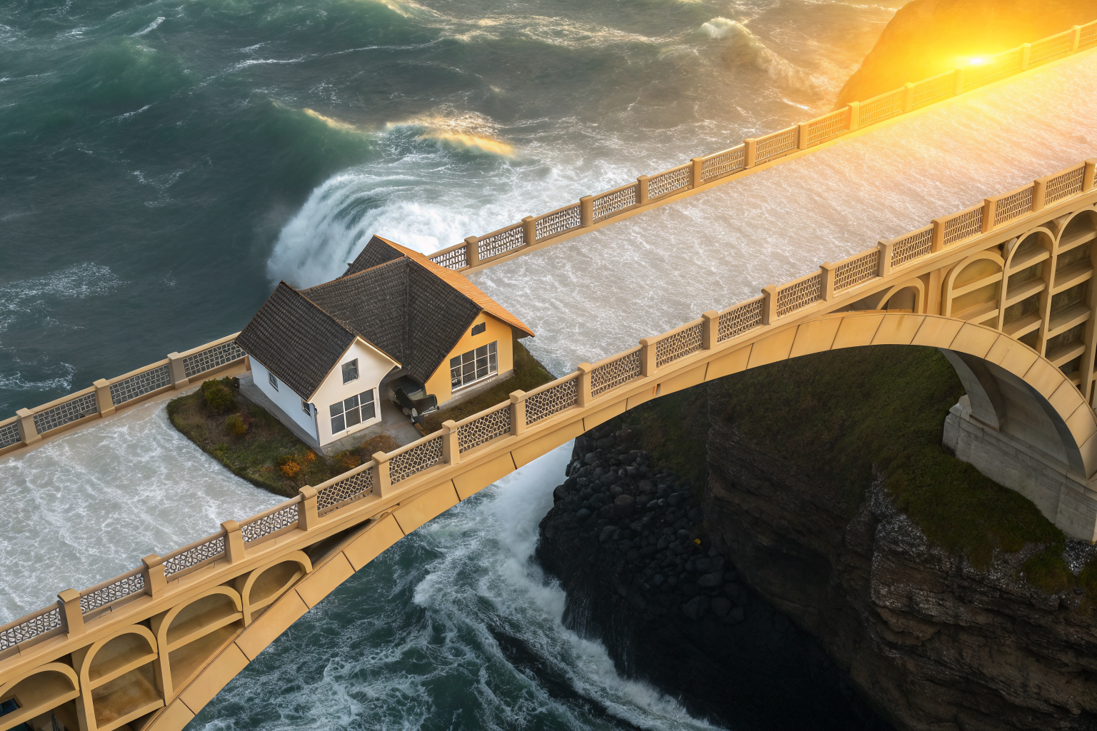Bridge over turbulent water, symbolizing insurance endorsement for hidden water damage.