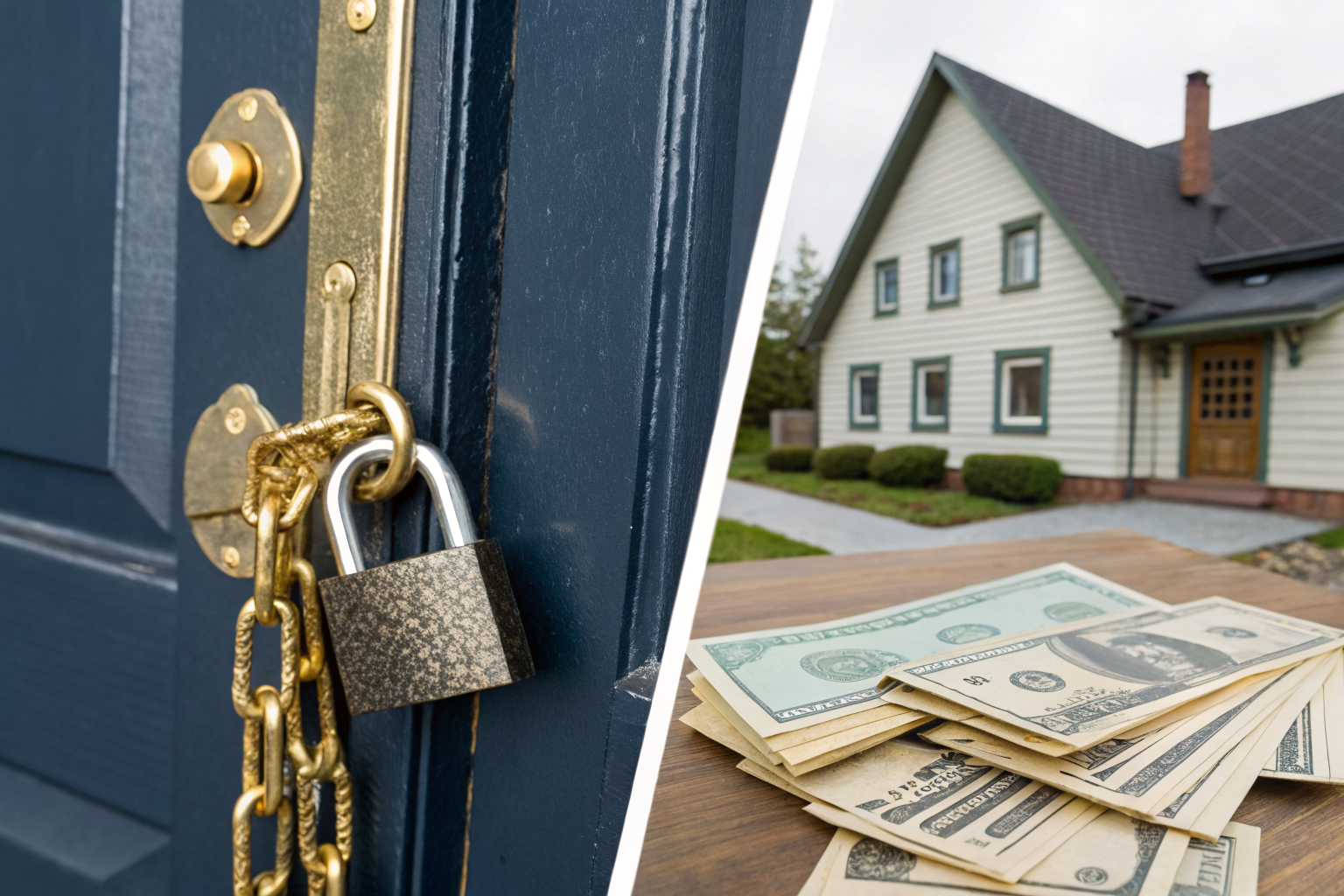 Split-screen of locked door with 'No Entry' sign and rented house, showing HO-3 policy exclusion.
